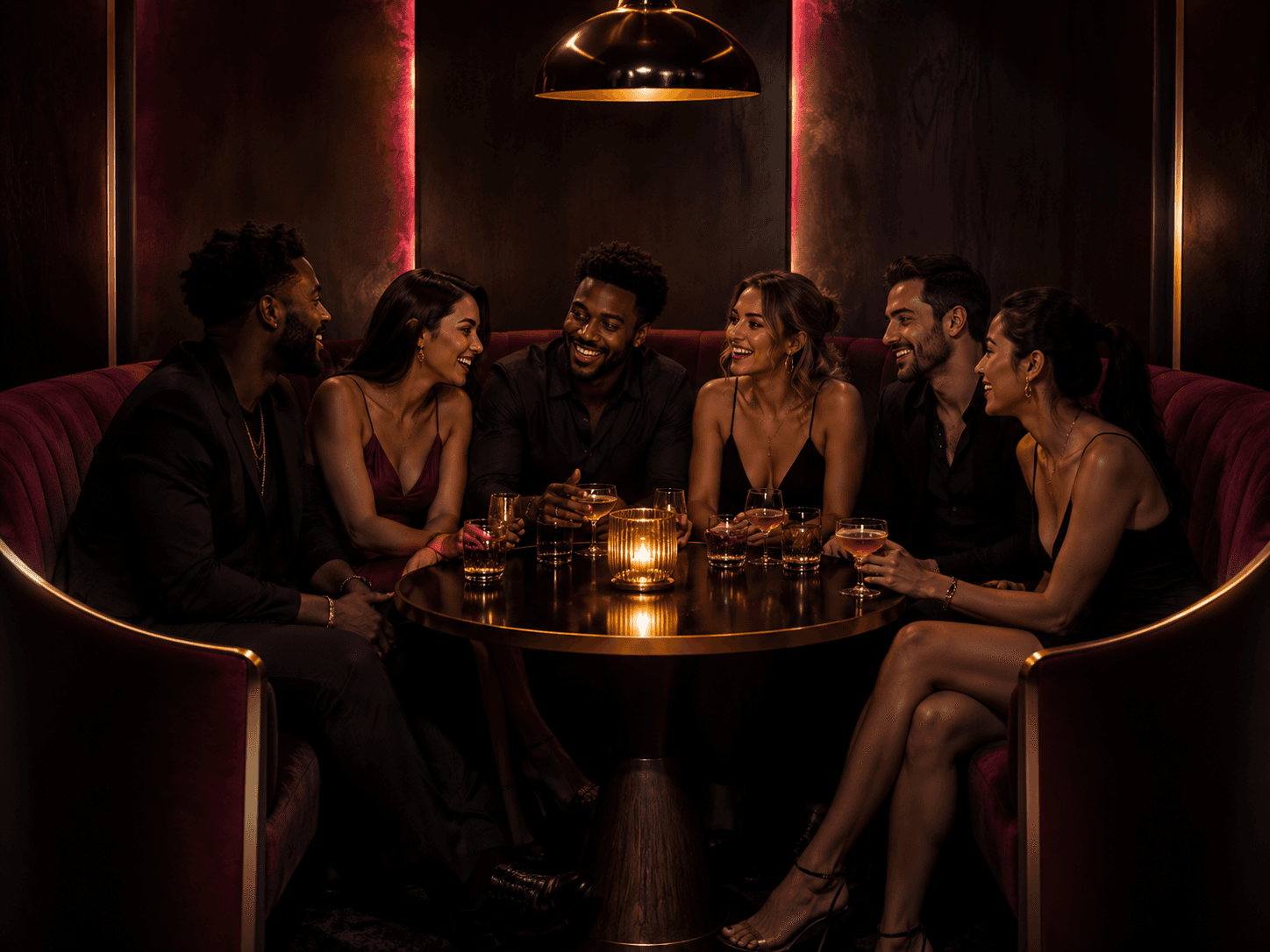 Five people laughing around a table in a velvet lounge booth — fictional demo cast, not real Halo & Havoc members