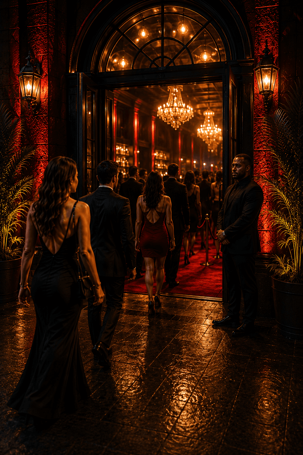 Fictional demo members arriving at an upscale nightclub entrance at midnight — a doorman beside an arched doorway, members walking a red carpet toward chandeliers beyond. An illustrative demo scene, not a real venue or real Halo & Havoc members.